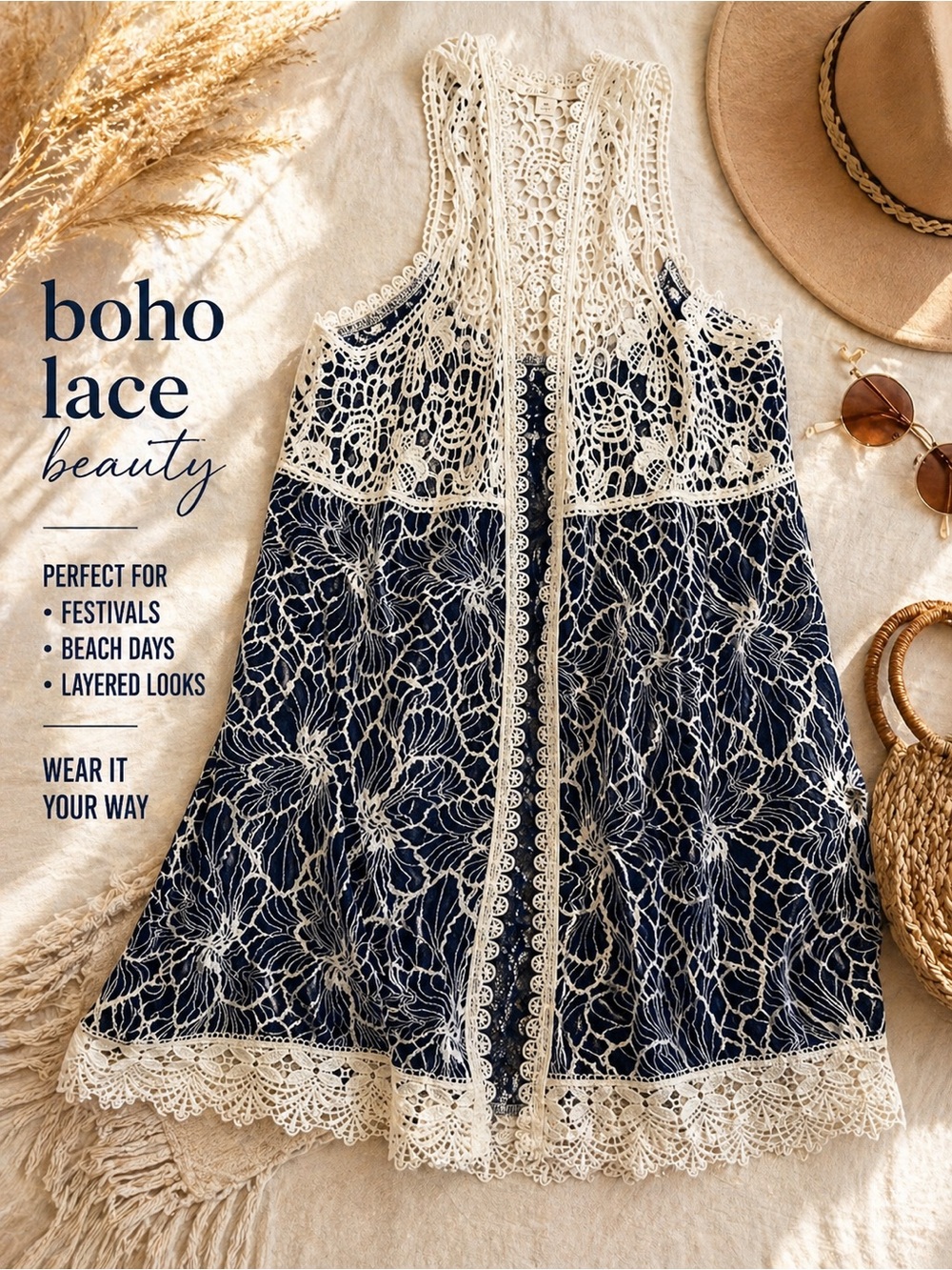 Lace Crochet Overlay Tank Dress Navy Cream Boho Festival Mini Medium